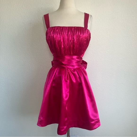 ANTHROPOLOGIE Maeve Pink Satin Mini Bow-Tie Pleated Fit & Flare Dress - Size 8 - Picture 12 of 16